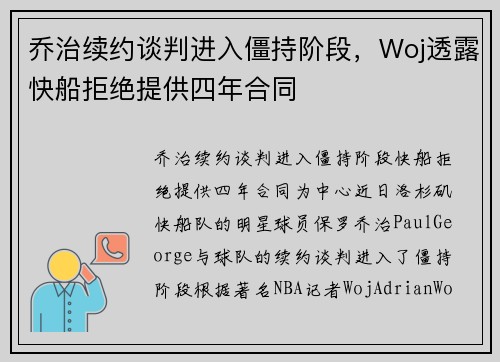 乔治续约谈判进入僵持阶段，Woj透露快船拒绝提供四年合同