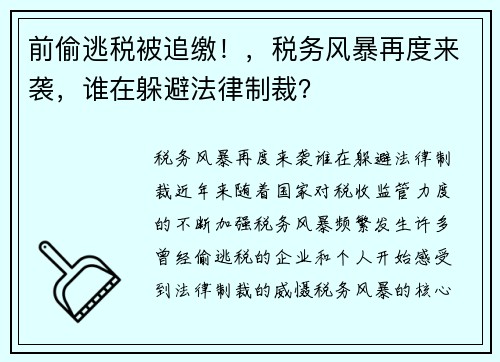 前偷逃税被追缴！，税务风暴再度来袭，谁在躲避法律制裁？